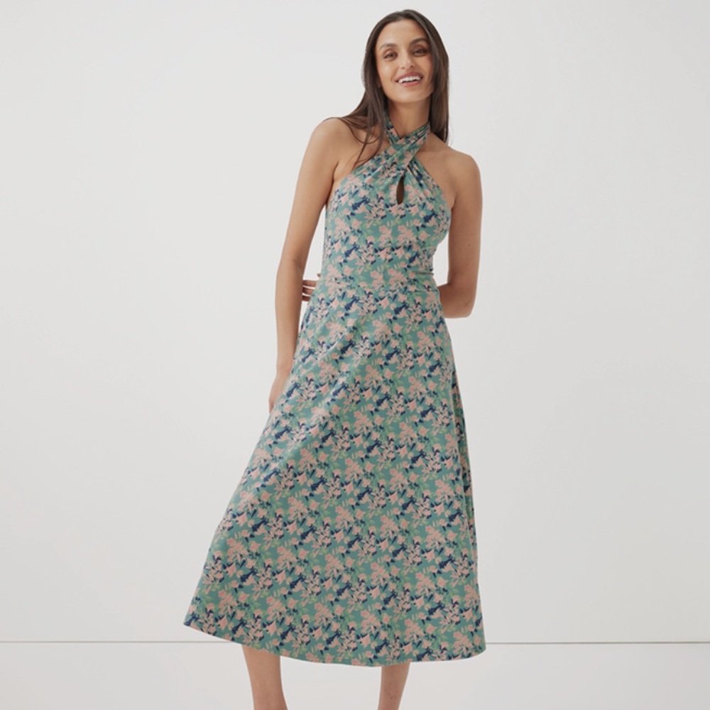 Pact Shadow Floral Spruce Fit & Flare Modern Halter Dress